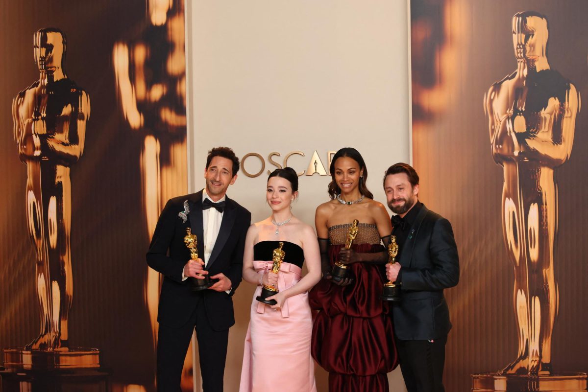 Mikey Madison, winner of the Oscar for Best Actress for "Anora", Adrien Brody, winner of the Oscar for Best Actor for "The Brutalist",  Zoe Saldana, winner of the Oscar for Best Supporting Actress for 'Emilia Perez', and Kieran Culkin, winner of the Oscar for Best Supporting Actor for "A Real Pain", pose in the Oscars photo room at the 97th Academy Awards in Hollywood, Los Angeles, California, U.S., March 2, 2025. REUTERS/Daniel Cole