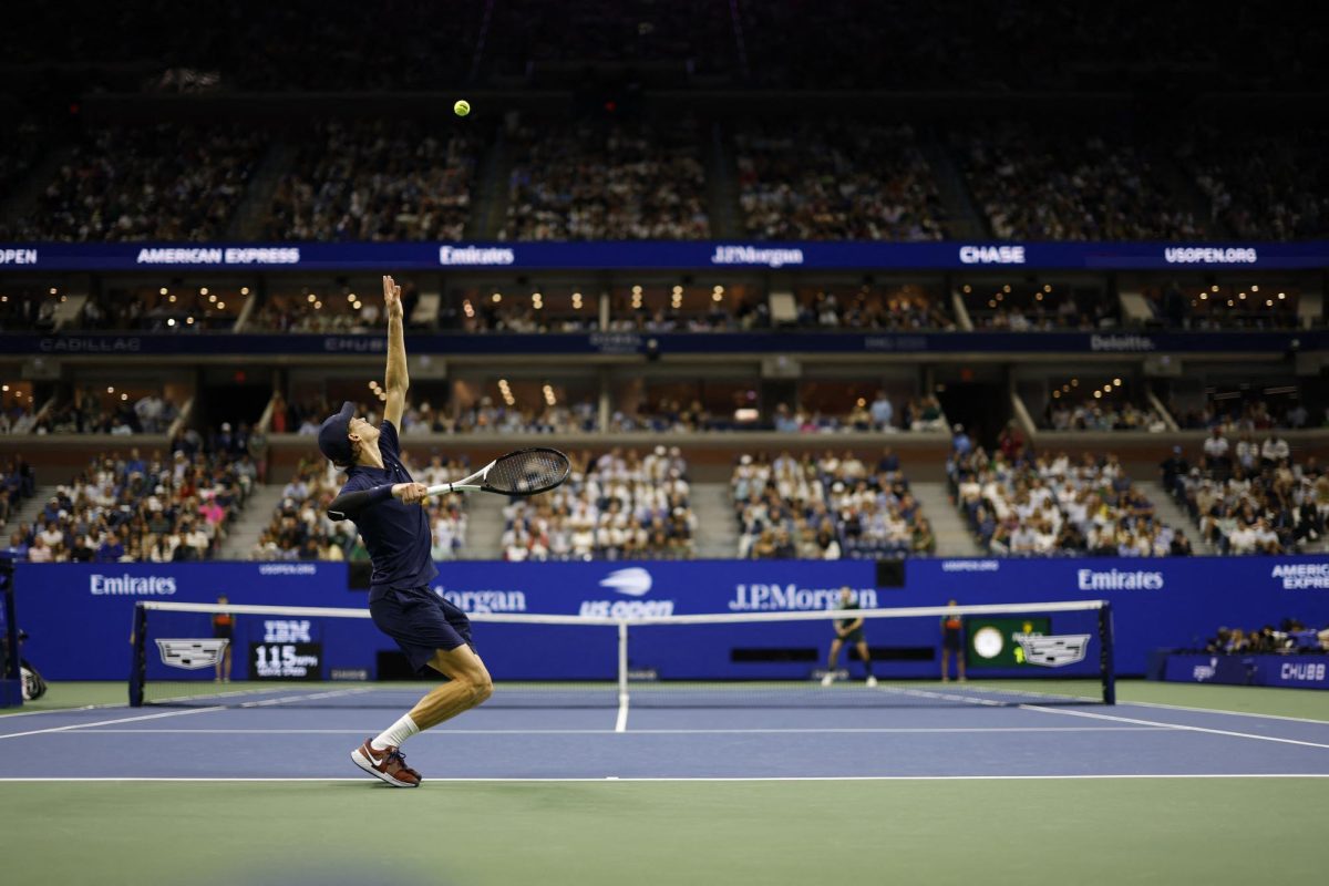 Sep 1, 2025; Jannik Sinner serves against Alexander Bublik on day nine of the 2025 US Open tennis championships at Billie Jean King National Tennis Center. Mandatory Credit: Geoff Burke-Imagn Images